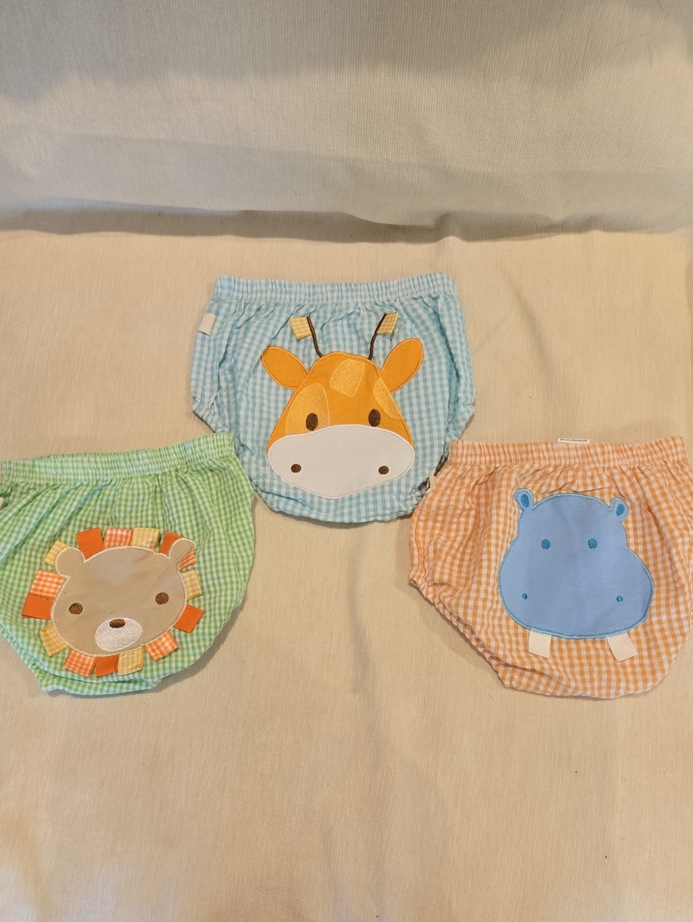 Toddler Animal Appliquรฉ Diaper Covers - Blue Giraffe, Green Lion, Orange Hippo